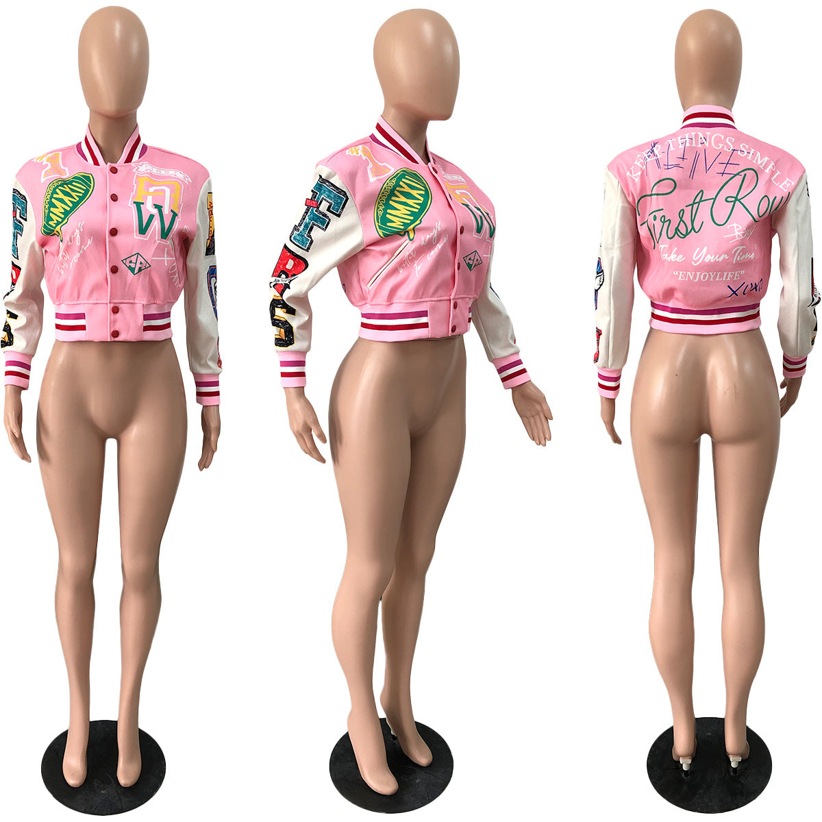 Women Ribbed Print Baseball Jacket 23