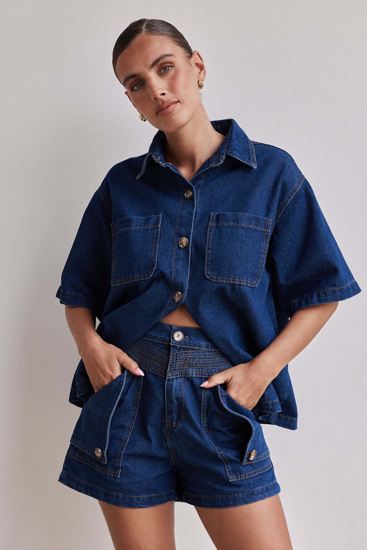 Summer Women's Casual Loose Denim Shirt Shorts Set 3