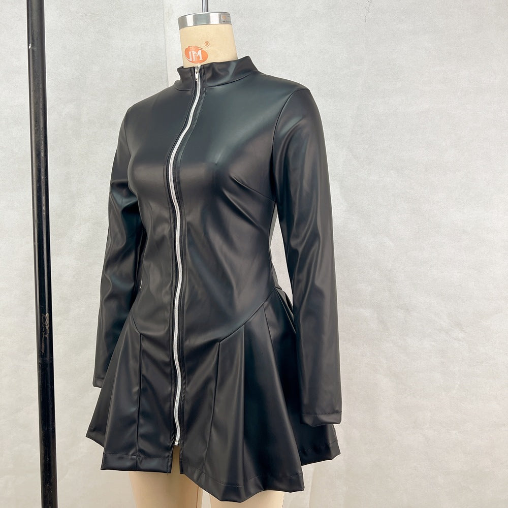 Women's Fashion Slim Fit Long Sleeve Zipper Pleated Pu Leather Dress 11