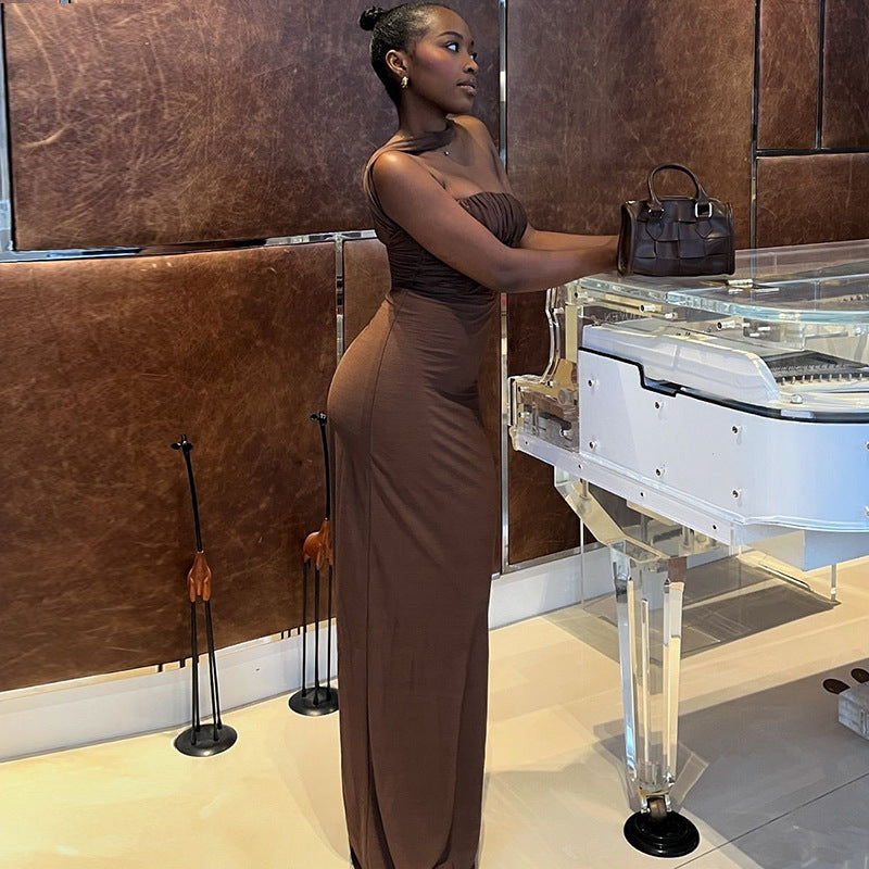 Women Solid Strapless Halter Neck Off-Shoulder Sleeveless Dress 6