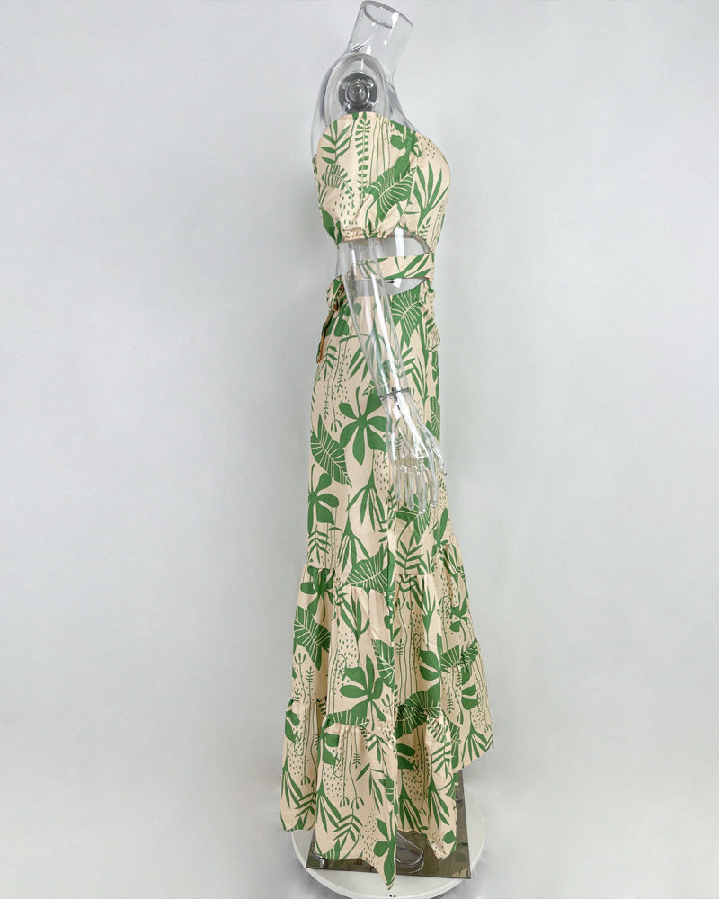 Women Sexy Print Off Shoulder Hollow Lace-up Dress 9