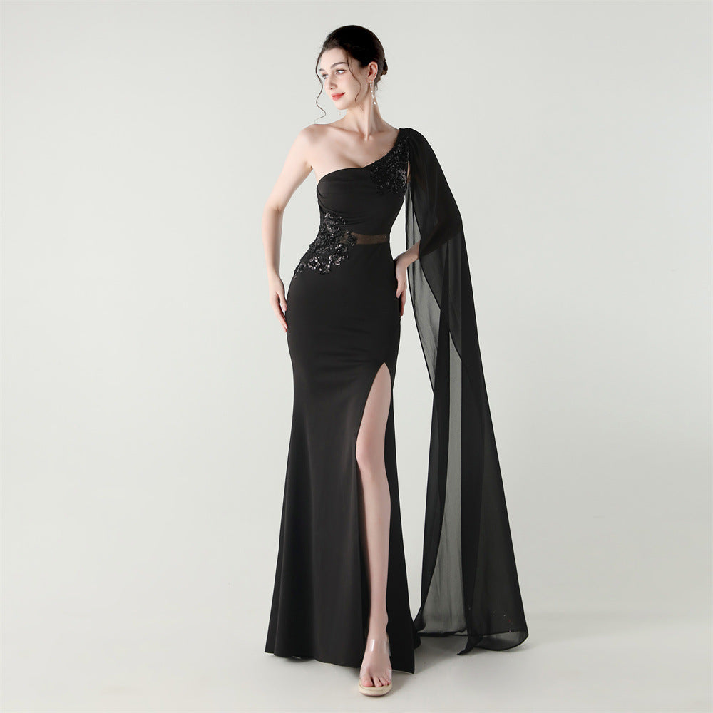 Women Tulle Shawl Beaded Tube Embroidery One Shoulder Evening Dress 3