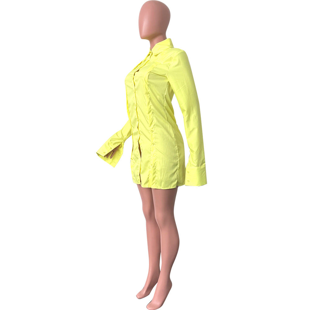Women's Solid Color Single-Breasted Slit Long Sleeves Shirt Dress 26