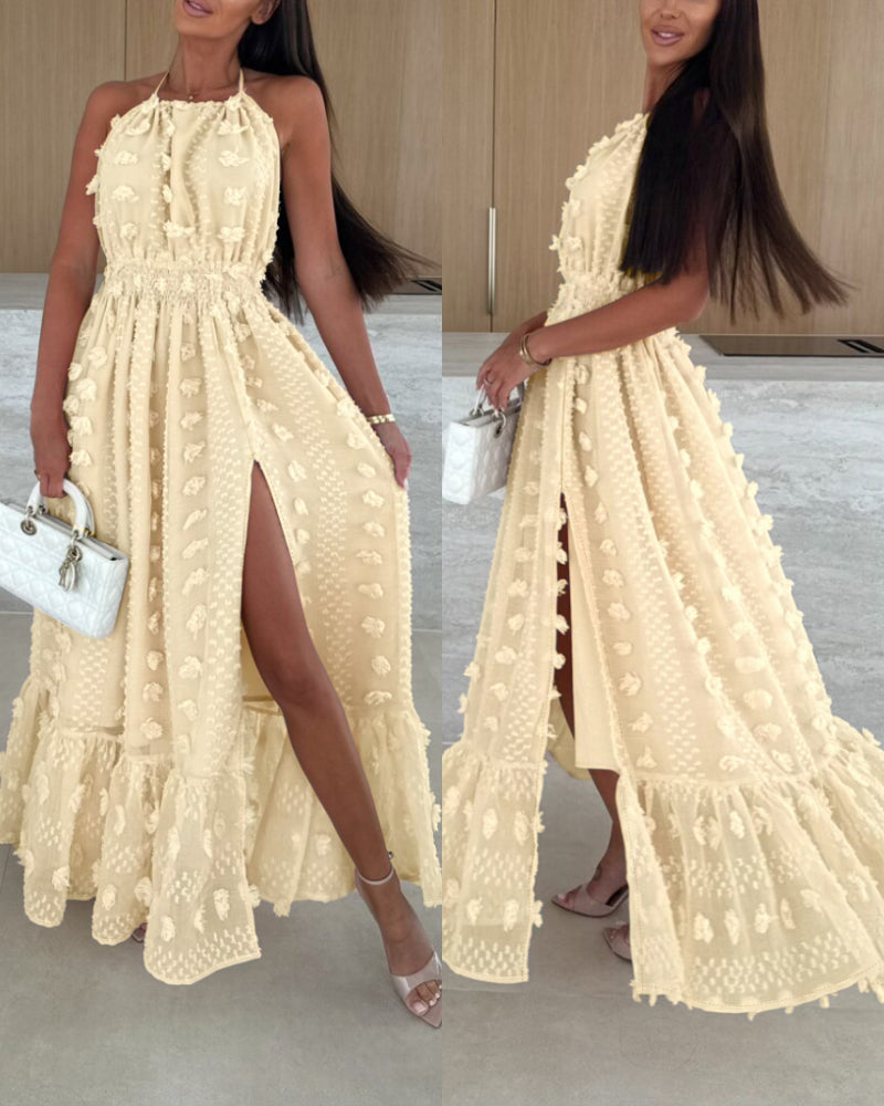 Fashion Halter Neck Slit Jacquard Long Dress 3