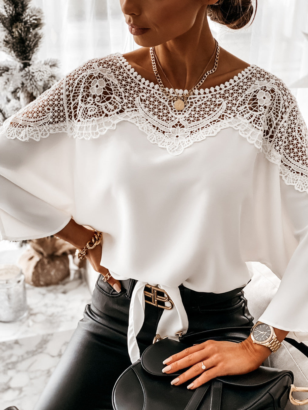 Loose chiffon bat long sleeve Lace Patchwork shirt for women 4