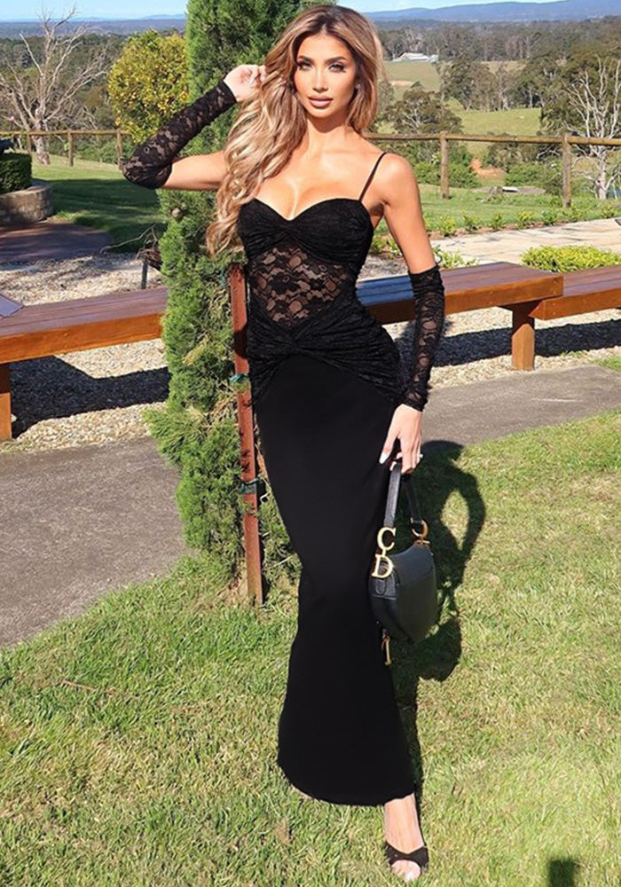 Women Suspender Lace Sleeve Bodycon Dress