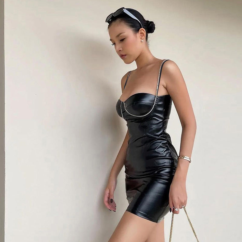 Women's Pu Leather Rhinestone Chain Sexy Slim Strap Bodycon Dress 4