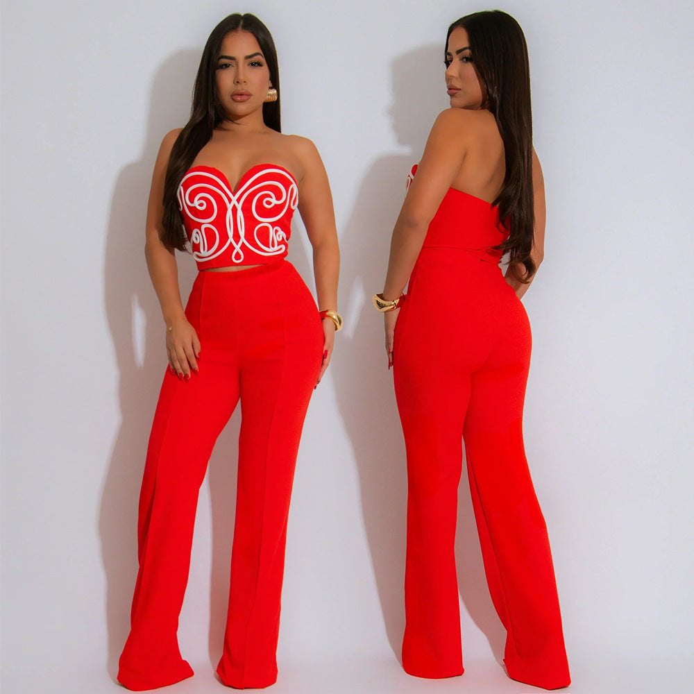 Women Strapless Crop Top and Solid Long Pants Two-Piece Set 3