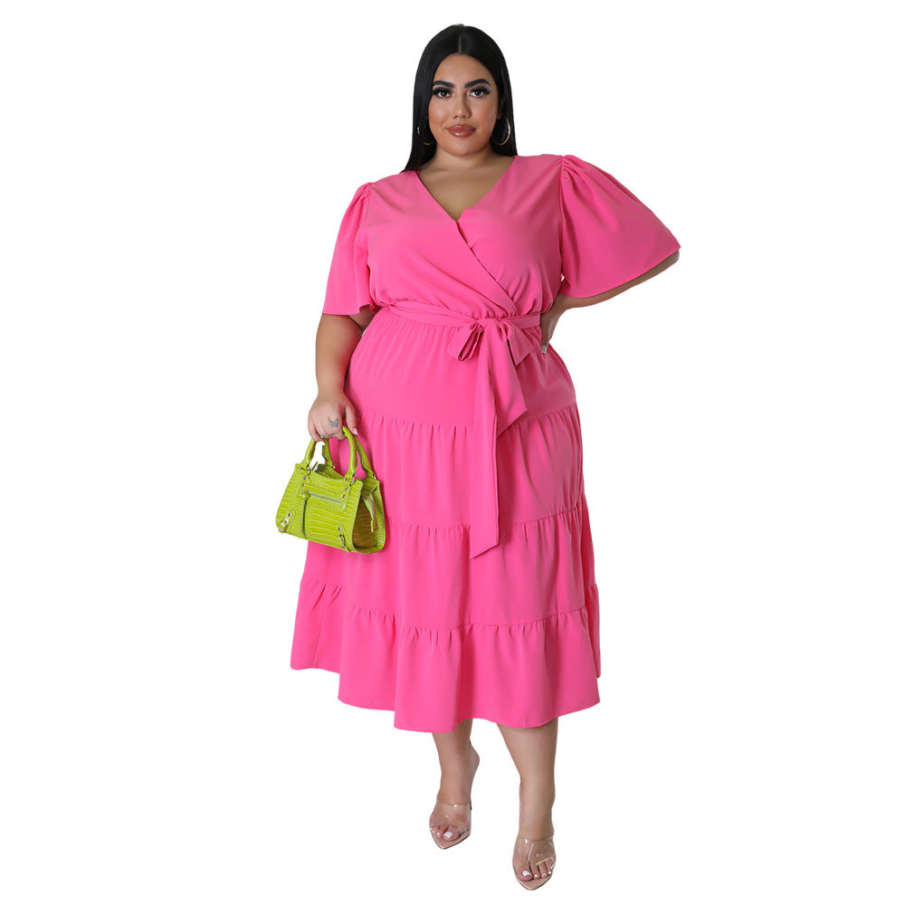Plus Size Women Short Sleeve V Neck Solid Belt Loose Maxi Dress