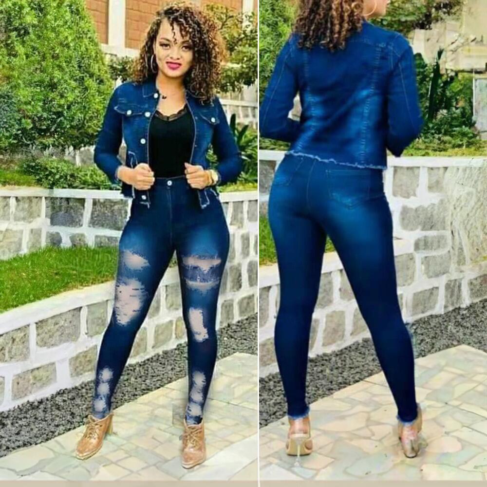 Women Stretchy Denim Pants Ripped Top and Pant Two-Piece Set 3