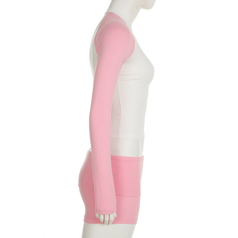 Women’s Activewear Contrast Color Sportswear Long-Sleeve Top Shorts Two Piece Set 8