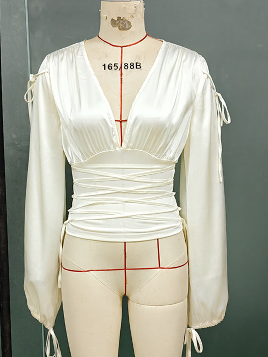 Autumn Long Sleeve Shirt High Elastic Satin Slim Waist Drawstring Women's Blouse 5