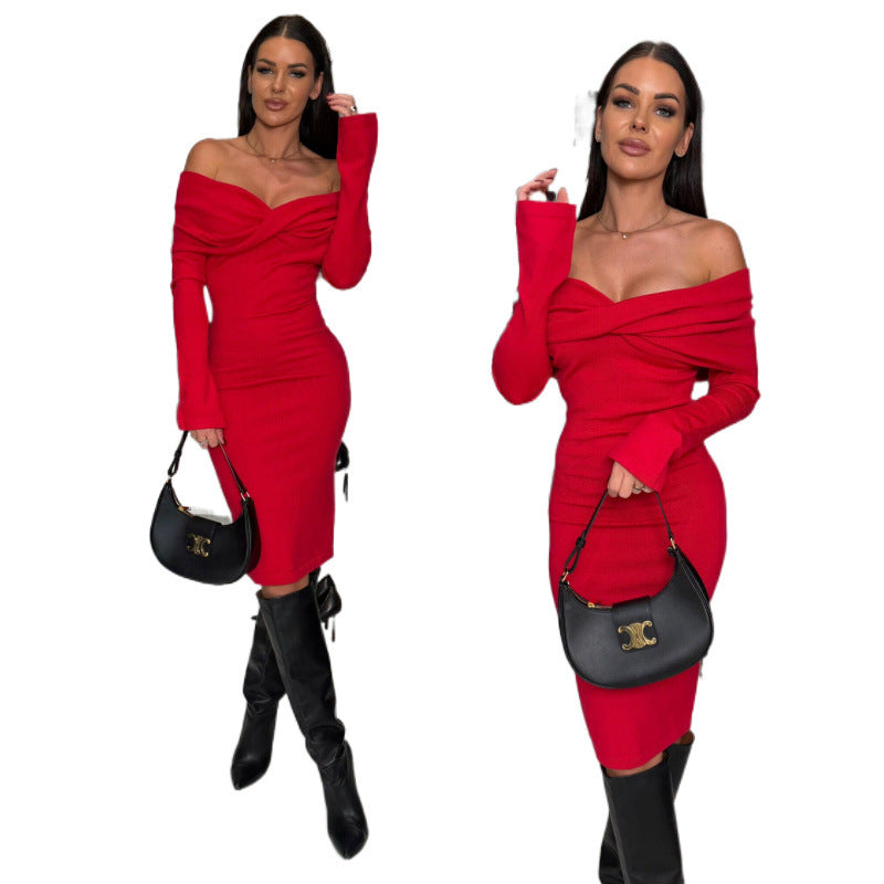 Women Solid Off Shoulder Long Sleeve Dress 9