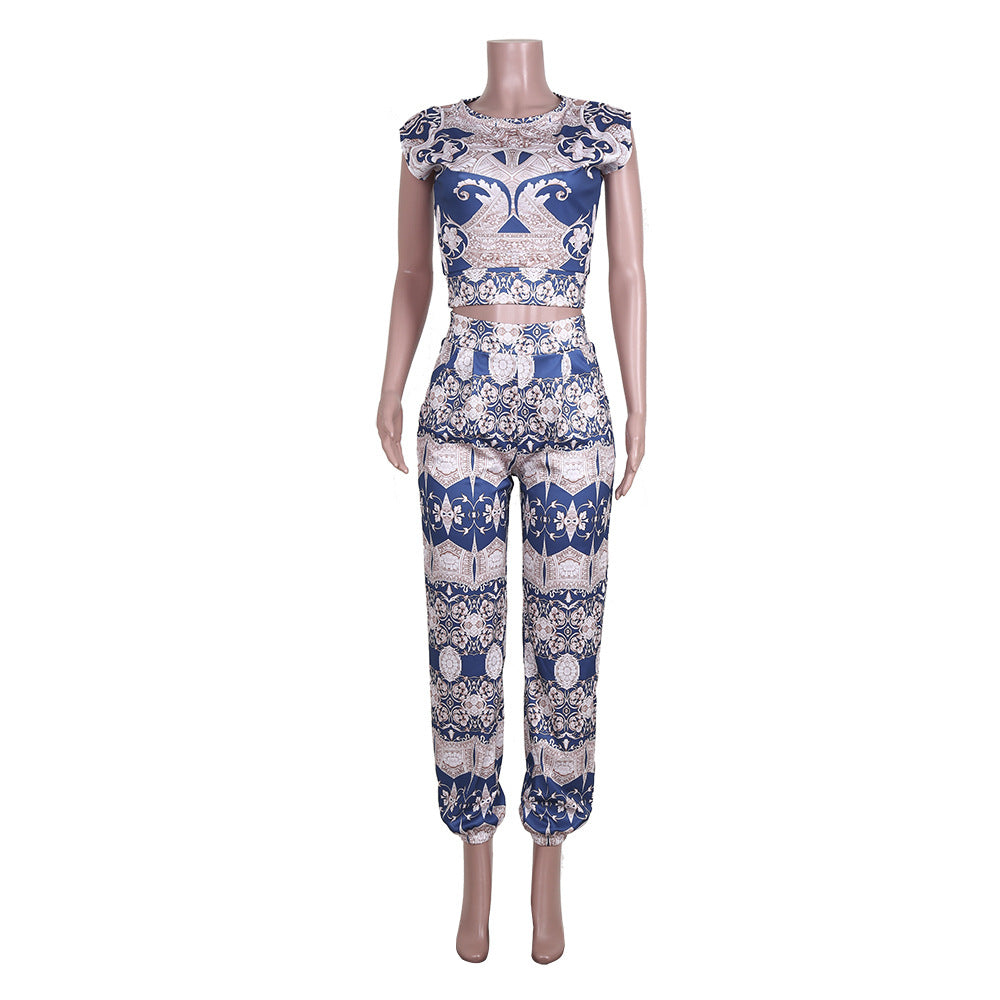Spring/Summer Women's Printed Short Sleeve Two-Piece Pants Set 5