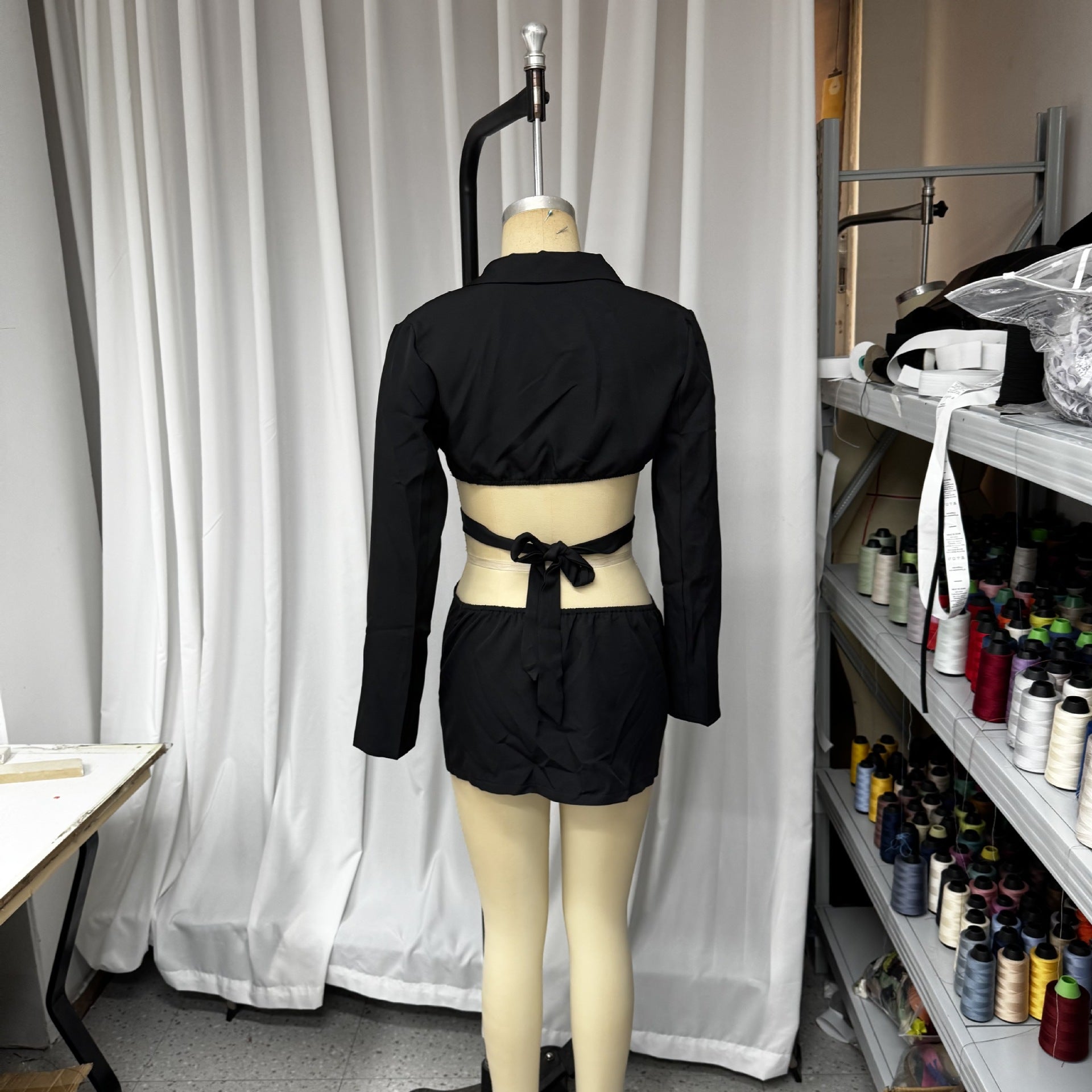 Women casual turndown collar long-sleeved hollow solid mini dress 5