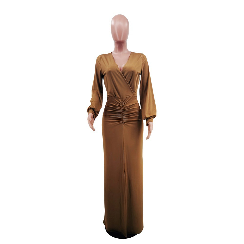 Women Casual Long Sleeve Solid V-Neck - Long Dress 27