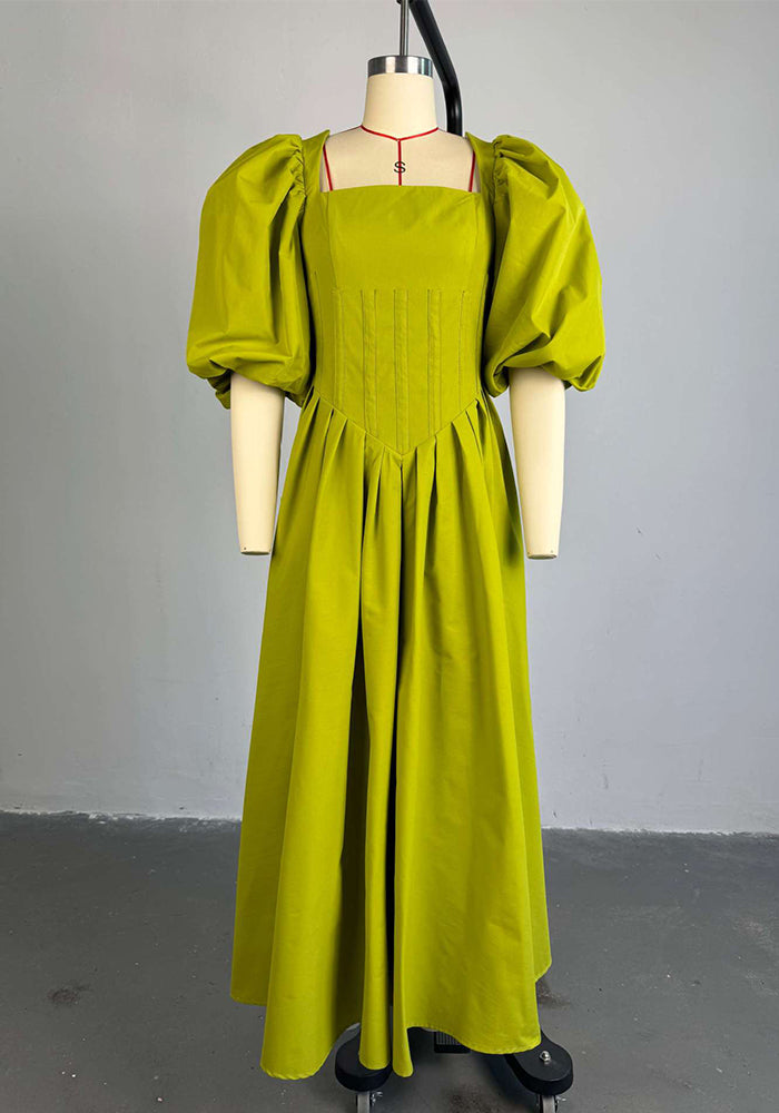 Women Autumn Square Neck Waist Lace-Up Lantern Sleeve Dress