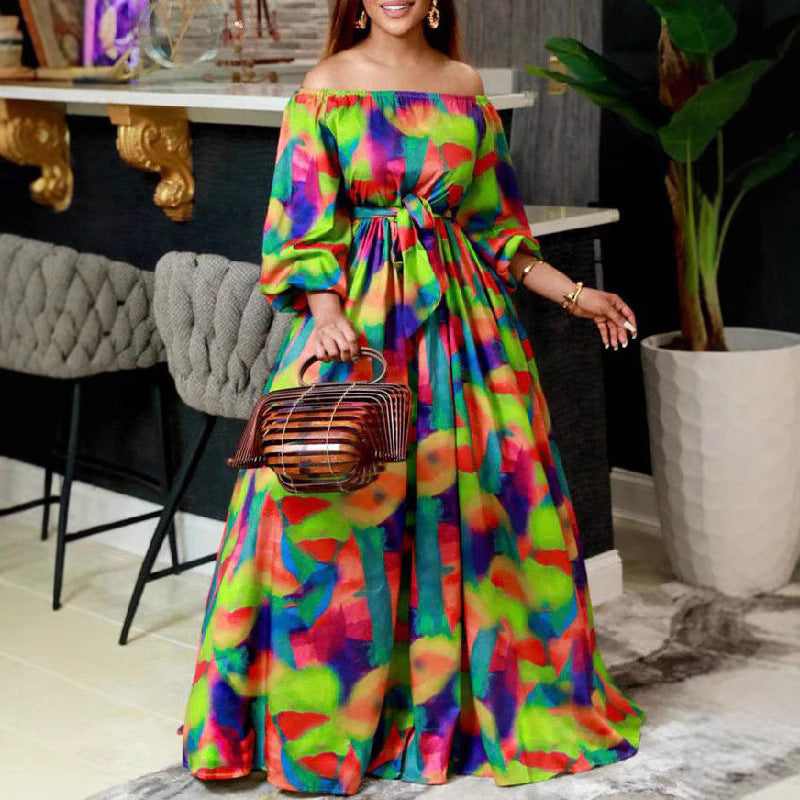 Spring Women Sexy Off Shoulder Bubble Long Sleeve Print Slim Waist Long Dress 3