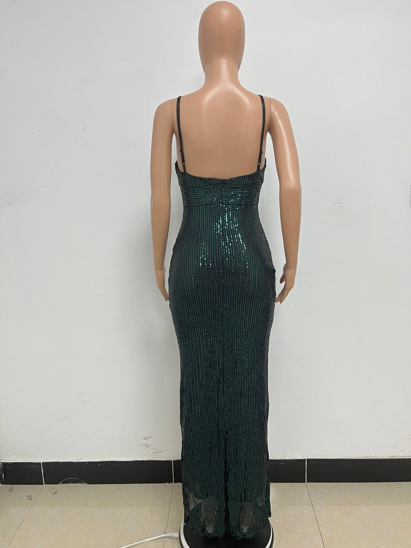 Women's Summer Slit Low Back Dress Sequined Sleeveless Suspender Dress 31