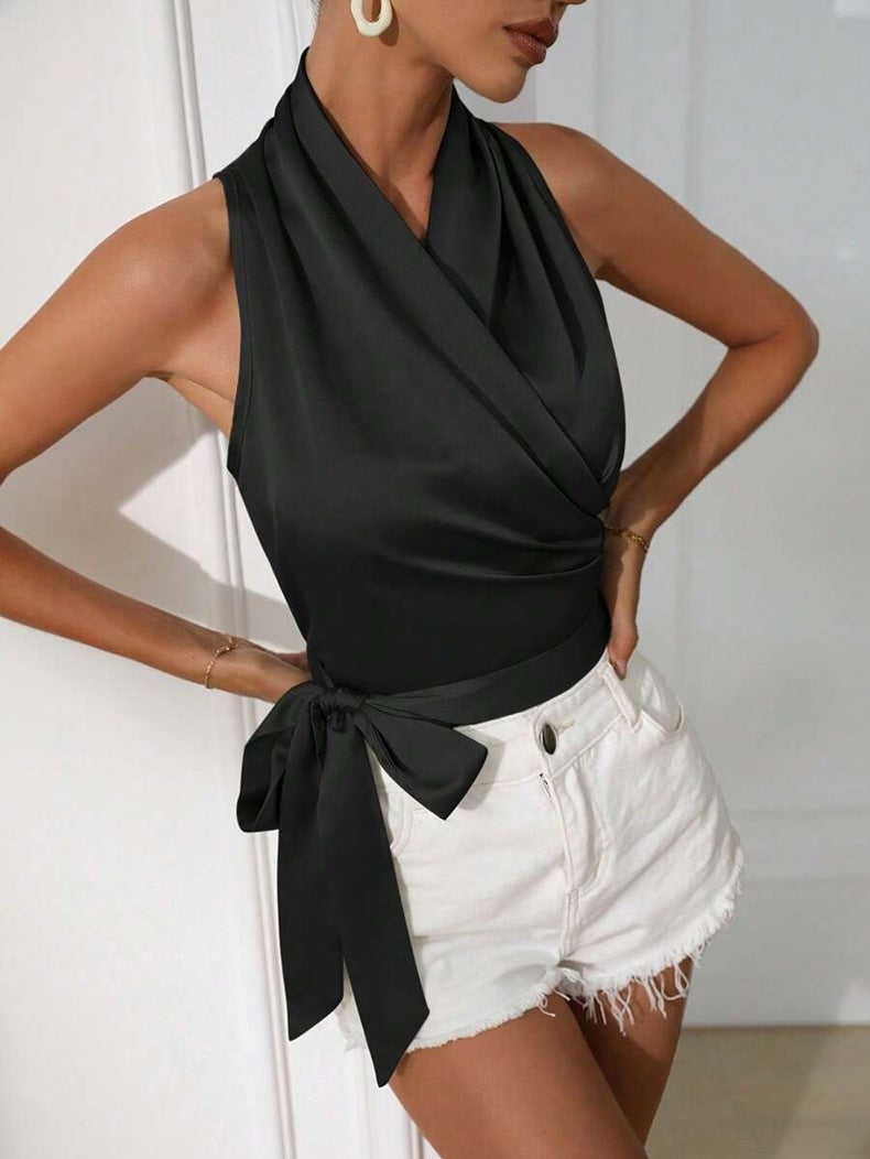 Women satin spring and summer Halter neck Sexy Lace-up Sleeveless Top 13