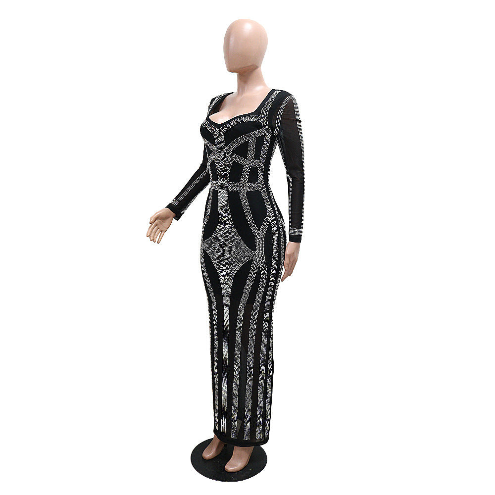 Women Sexy Beaded Square Neck Long Sleeve Bodycon Dress 7