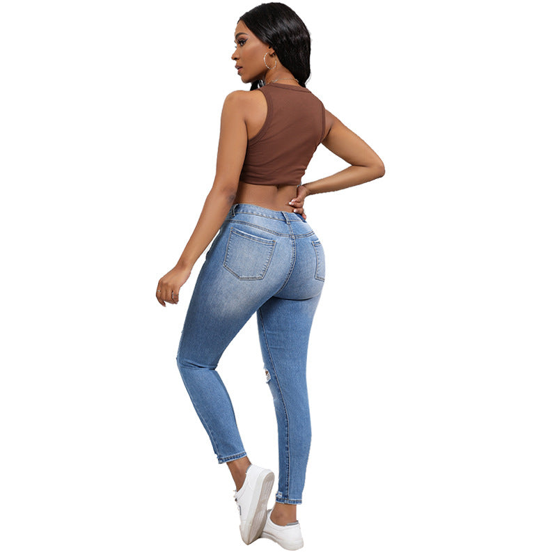 Plus Size  Women's Autumn Elastic High Waist Vintage Washed Ripped Tight Fitting Denim Pants 4