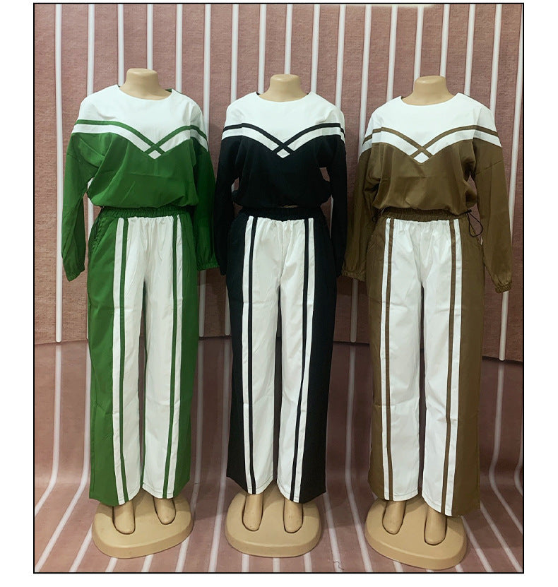 Women Contrast Color twill Casual Top and Pants Two-piece Set 8