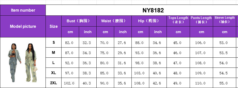 Women's Fashion Sexy Multi-Pocket Washed Denim Casual Top Pants Two-Piece Set 9
