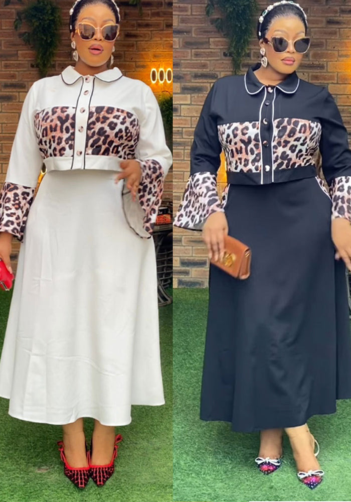 Sexy Leopard Print Patchwork Top Long Skirt Two-Piece Set