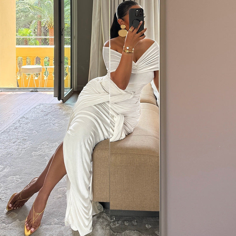 Women Solid Sexy Off Shoulder Sleeveless Slit Dress 4