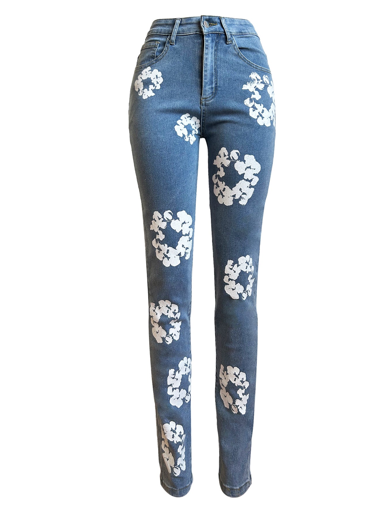 Women's Fashion Stretch Denim Fabric Flower Print Denim Trousers 9
