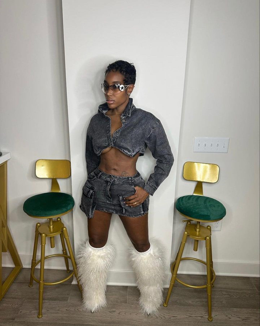 WomenStretch Sexy Denim Long Sleeve Top and Casual Pocket Dress Two Piece Set