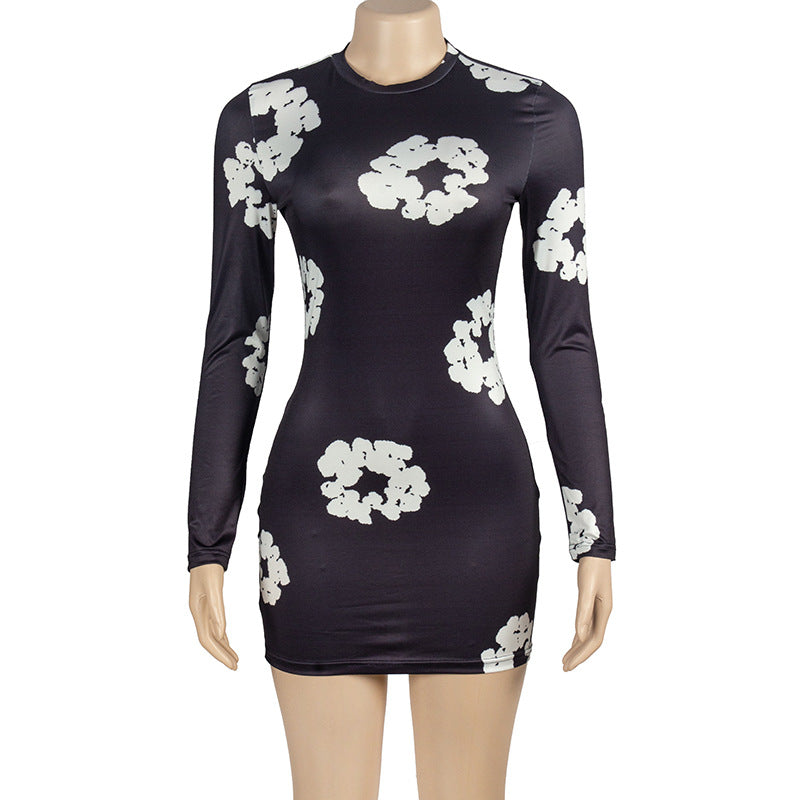 Women Round Neck Long Sleeve Flower Print Dress 9