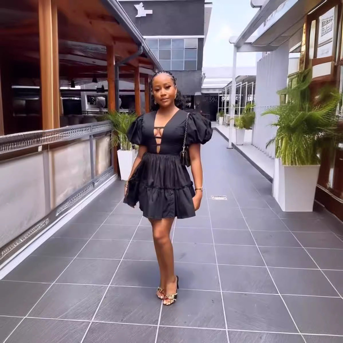 Women's Summer V-Neck Puff Sleeve Slim High Waist A-Line Dress 5