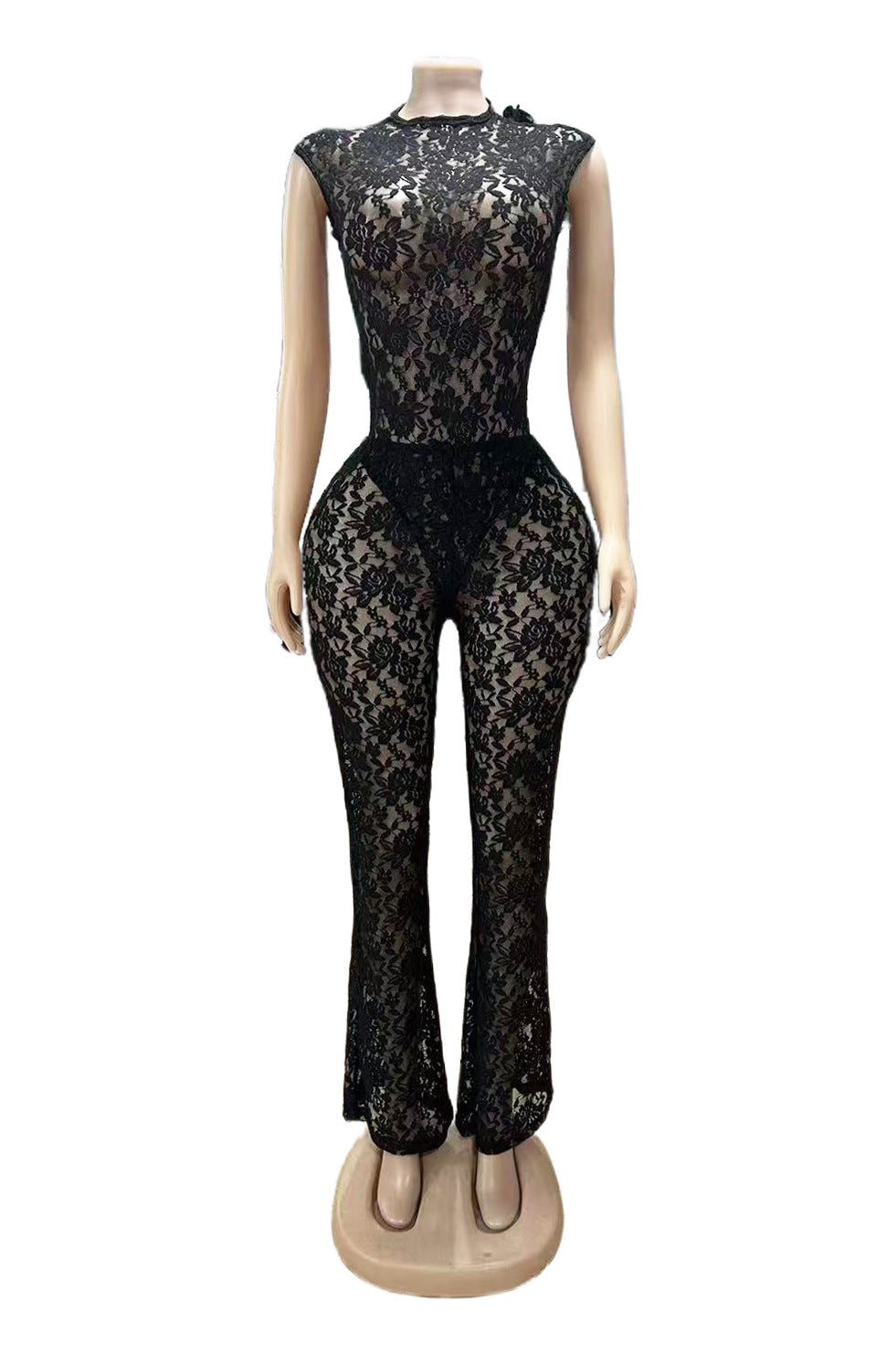 Women Sexy See-Through Lace Patchwork Bodysuit, Bell Bottom, Two-Piece Set 11
