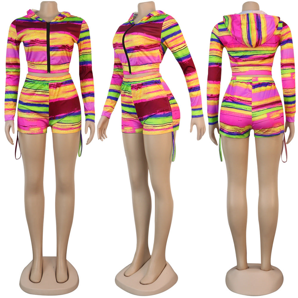 Print Hooded Zipper Long Sleeve Top Shorts Women's Casual Tracksuit 13