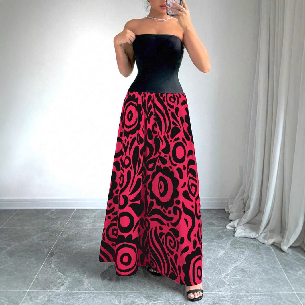 Women Patchwork Geometric Print Backless Strapless Dress 5