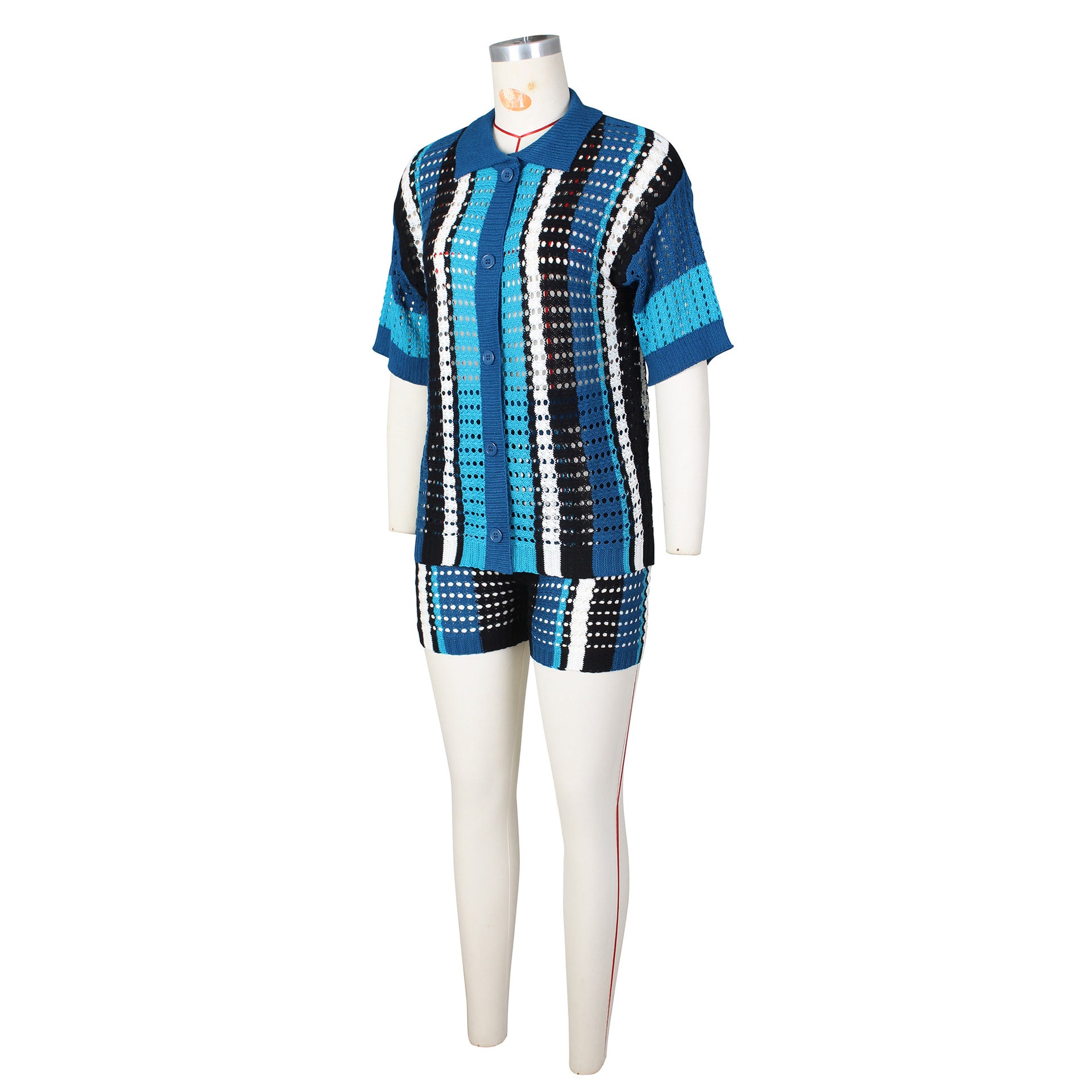 Women Sexy Cutout See-Through Contrasting Color Turndown Collar Top and Shorts Two-Piece Set 16