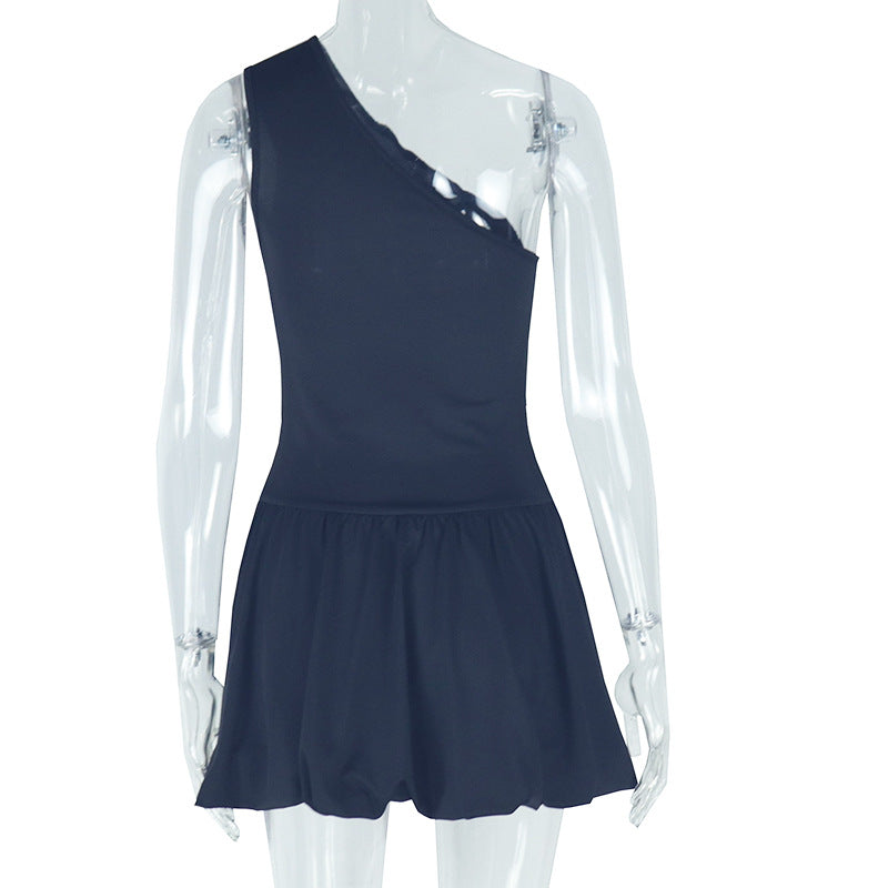 Women's Elegant Irregular Slash Shoulder Solid Color A-Line Sleeveless Ruffle Short Dress 6