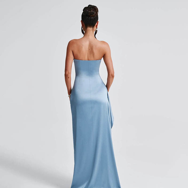 Summer Fashion Sexy Strapless Elastic Pleated Slit Dress 4