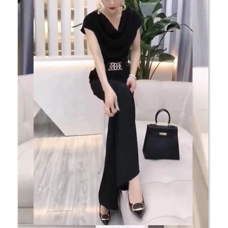 Fashion Suit Pile Collar Slim Fit Small Shirt + Wide Leg Pants Set 7