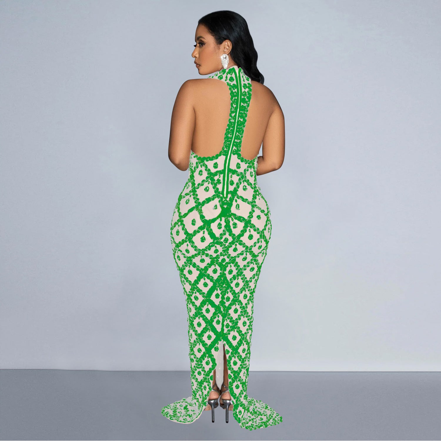 Women Solid Sequin Halter Neck Backless Maxi Dress 8