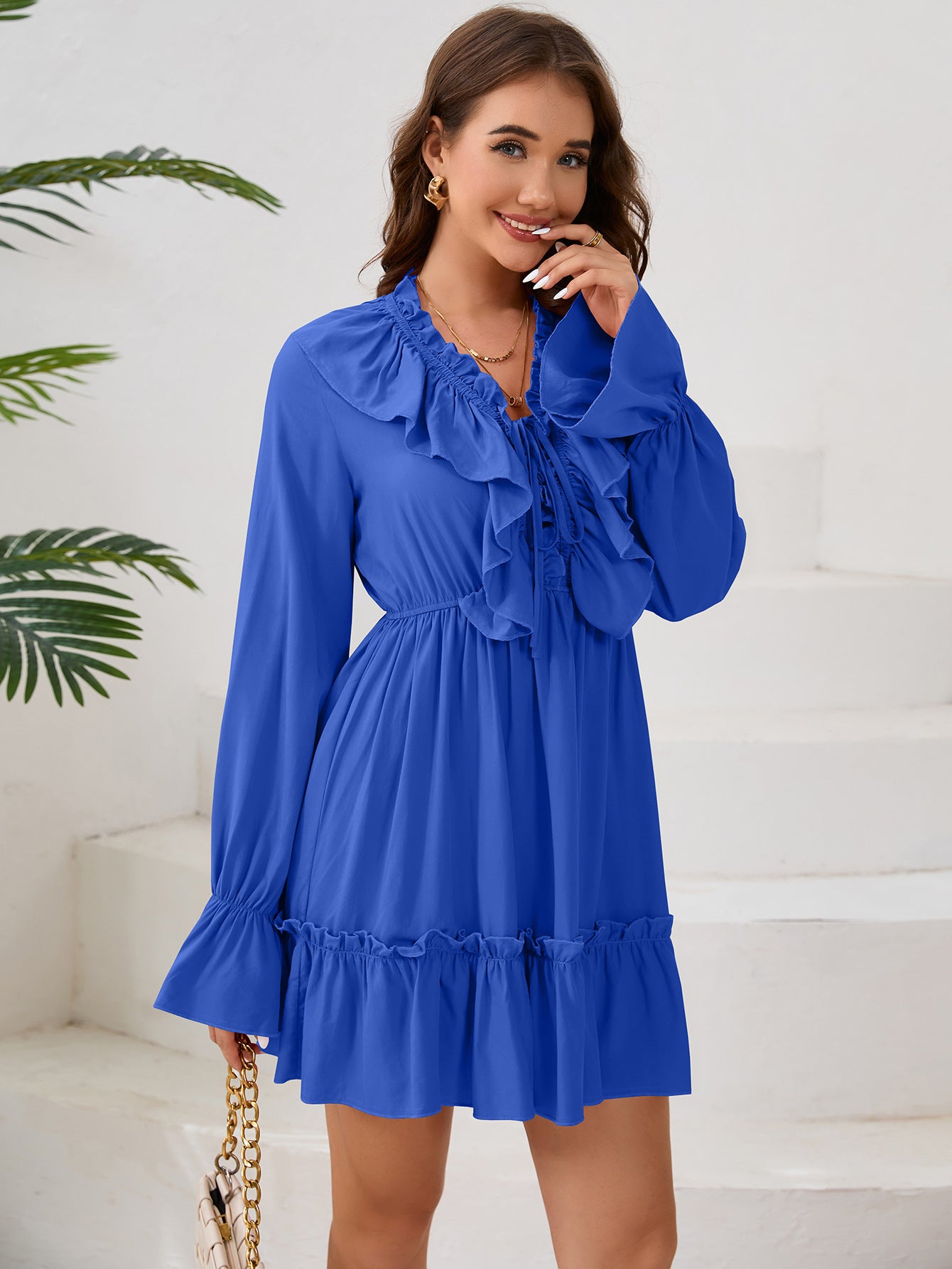 Autumn women's v-neck ruffle long sleeve short dress 8
