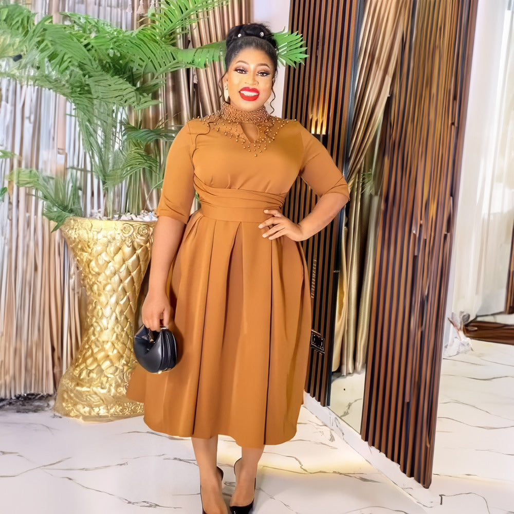 Women African Elegant Stand Collar Beaded Belt Pocket Dress 7