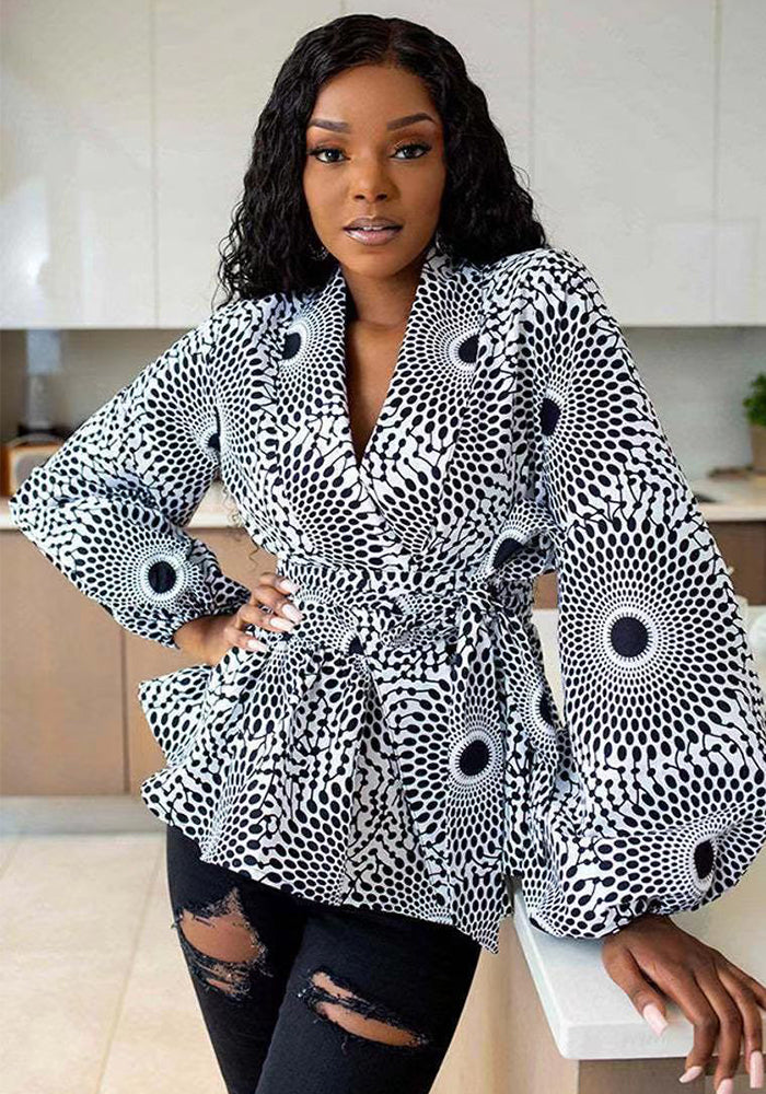 Women African Printed Cardigan Lace-Up Lantern Sleeve V Neck Long Sleeve Top