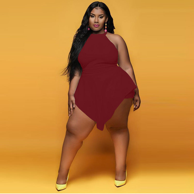 Spring Sexy Slim Plus Size Irregular Solid Color Sleeveless Fake Two-Piece Jumpsuit 10