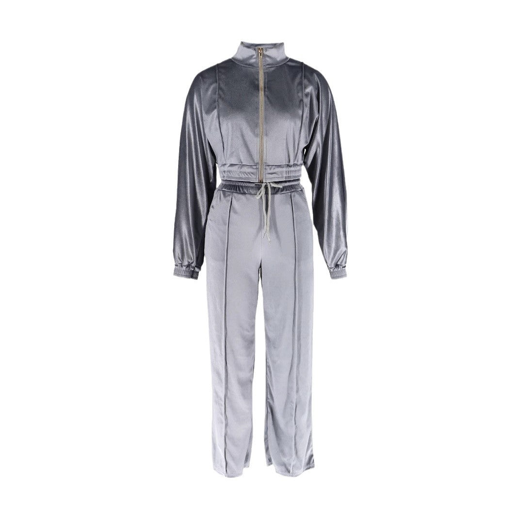 Women Long Sleeve Turndown Collar Zipper Top and Pants Two Piece Set 6