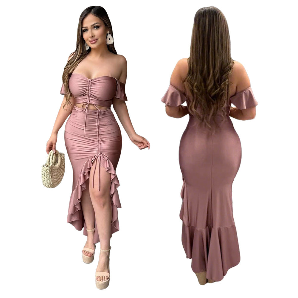 Off-Shoulder Slit Asymmetrical Dress Solid Color Sexy Gown 7