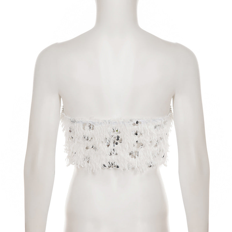Women Sexy White Sequined Fur Patchwork Strapless Top and Shorts Two-Piece Set 10
