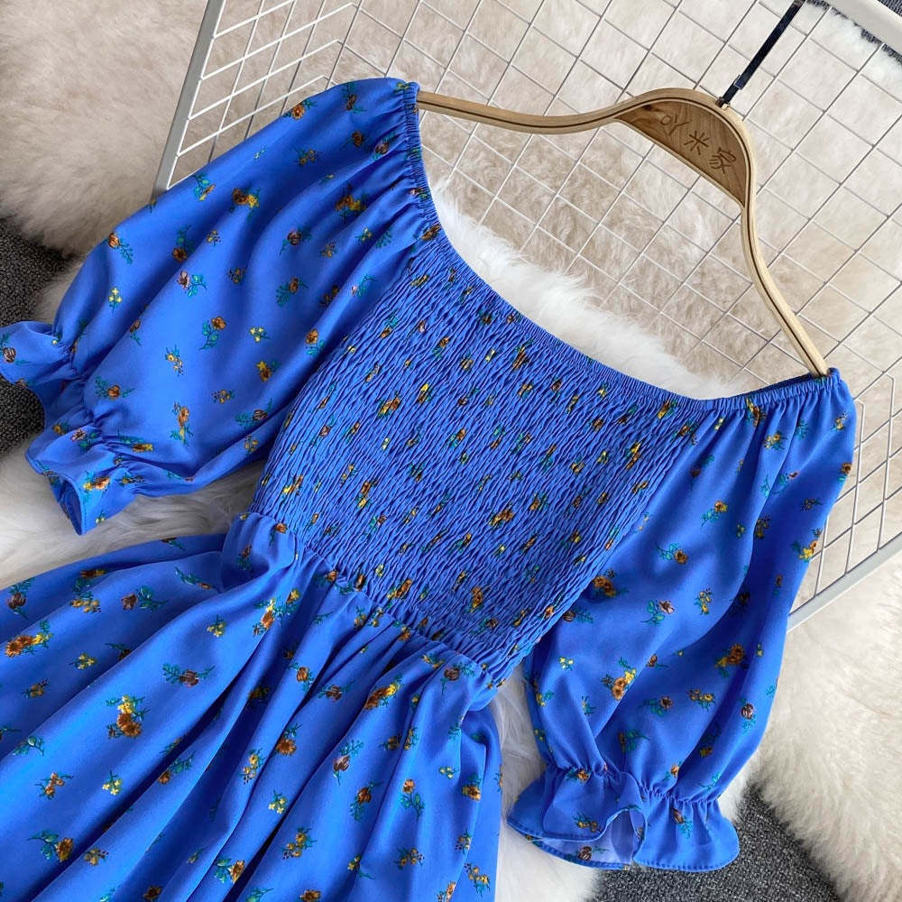 Women summer French square neck puff short sleeve slit dress 30